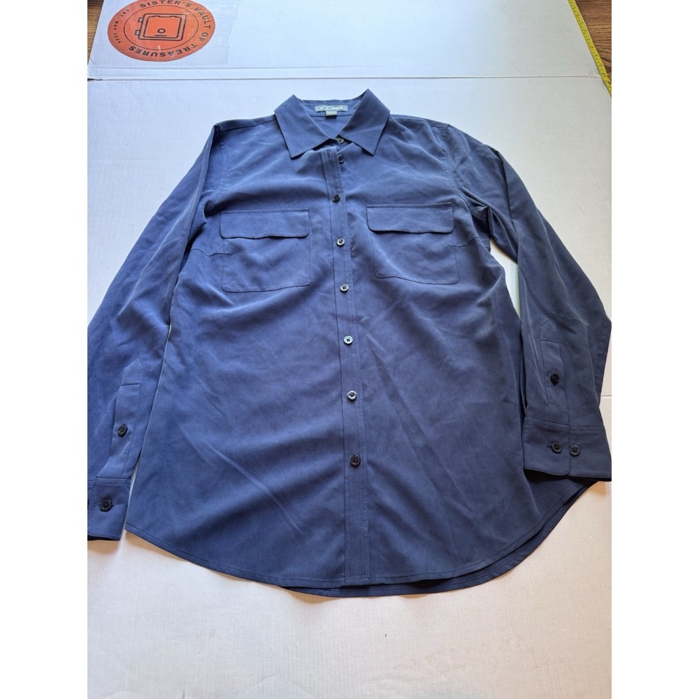 GO Silk women's sueded silk blouse in navy blue with pockets Size Small